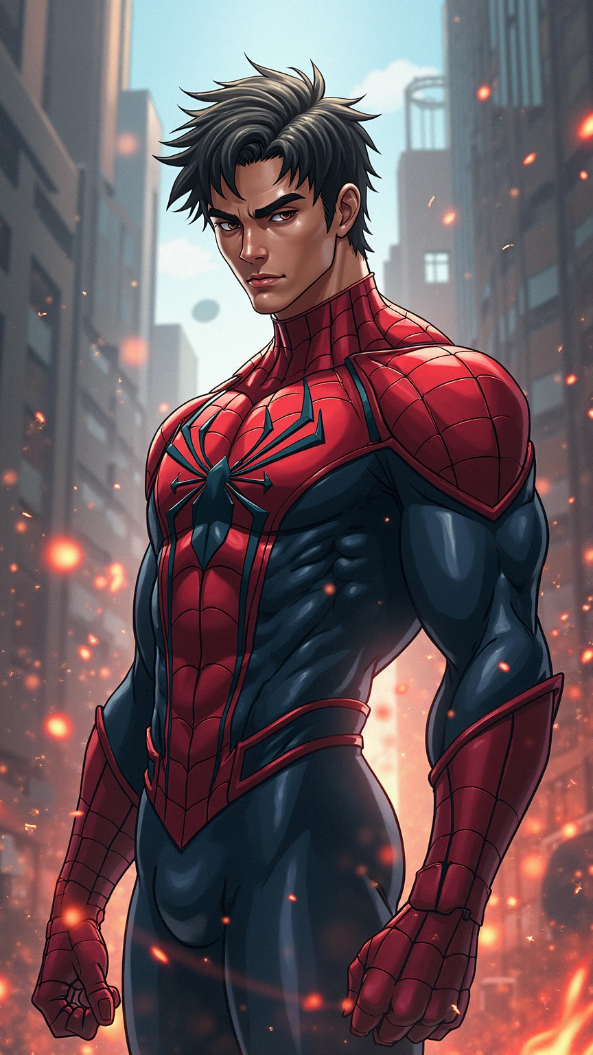 Although he is a Mexican ager, his attractive face cannot be appreciated due to his mask, the entire body of a young man is realistic, metallic colors, black and orange suit, massive muscular and toned prominent pectorals and abdominals, 157 kg, big bulge in his crotch. Super Hero Heineken Men's Action Spider-man Amazing Movie Highly Detailed Artwork Detailed Faces Detailed Suit Cgi 8k Resolution