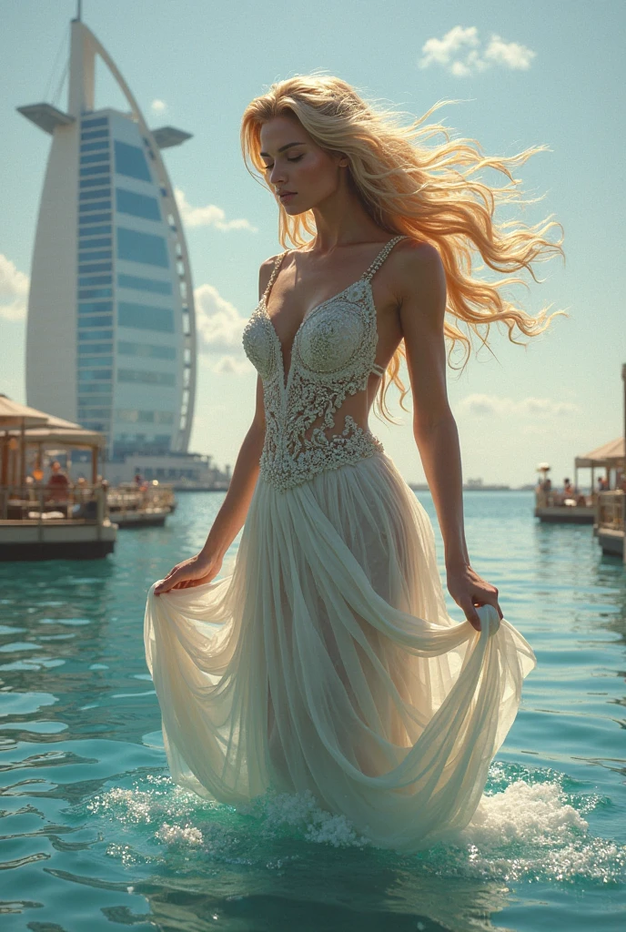 (​masterpiece, best quality:1.5), highest quality, High resolution, super detailed, Realists, Full body photo of a blonde 22 year old woman, detailed and beautiful eyes, beautiful detailed lips, very detailed eyes and face, longeyelashes, 22 year old woman in a summer dress, Beautiful and colorful makeup, elegant and noble々Pose,shiny satin headband,, Beach and sea as background, bright daylight, bright colors, fine brushstrokes, Portrait style, beautiful color palette, glowing skin, First-class rendering, that captures every detail, enchanting atmosphere, (perfect anatomy:1.2), (Stunning woman wears satin summer dress (magnificent panorama view:1.2)