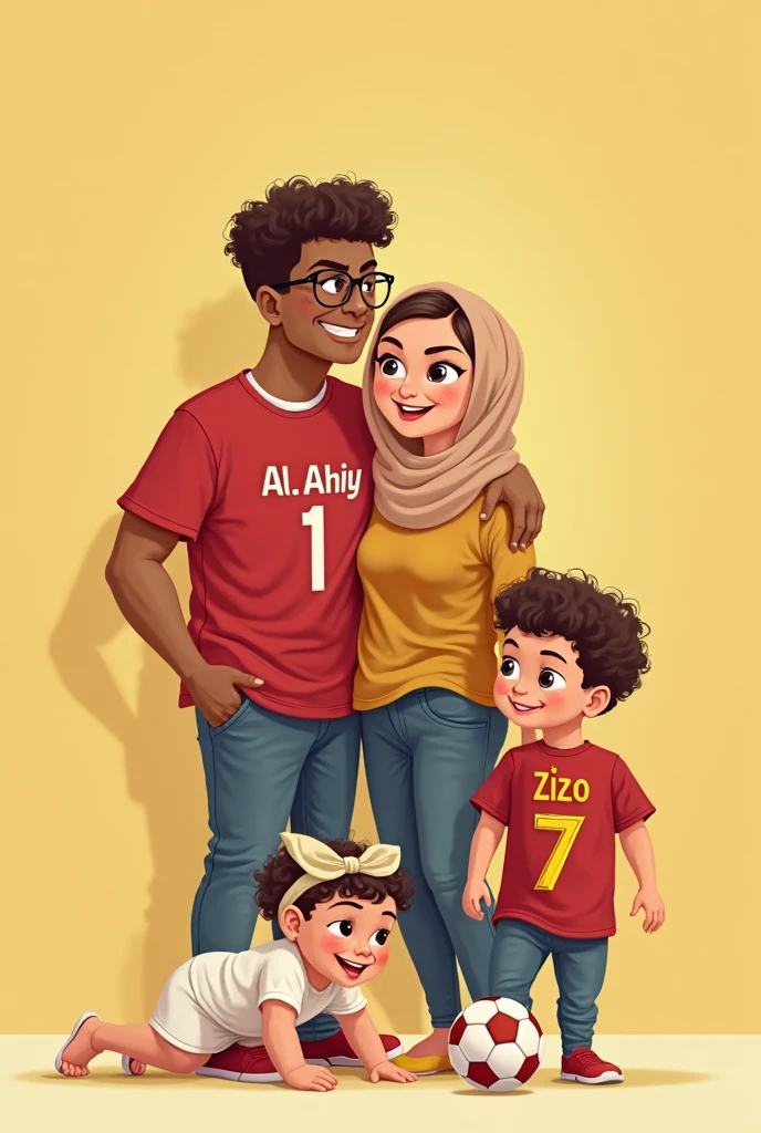 My self and my wife and son, 1 year baby all of us wearing jersey with names, no beard for me, wife is covering hair because Muslim
Wife name : Azeeza
Son name : Azlan
My name : Azeer
In cartoon pattern