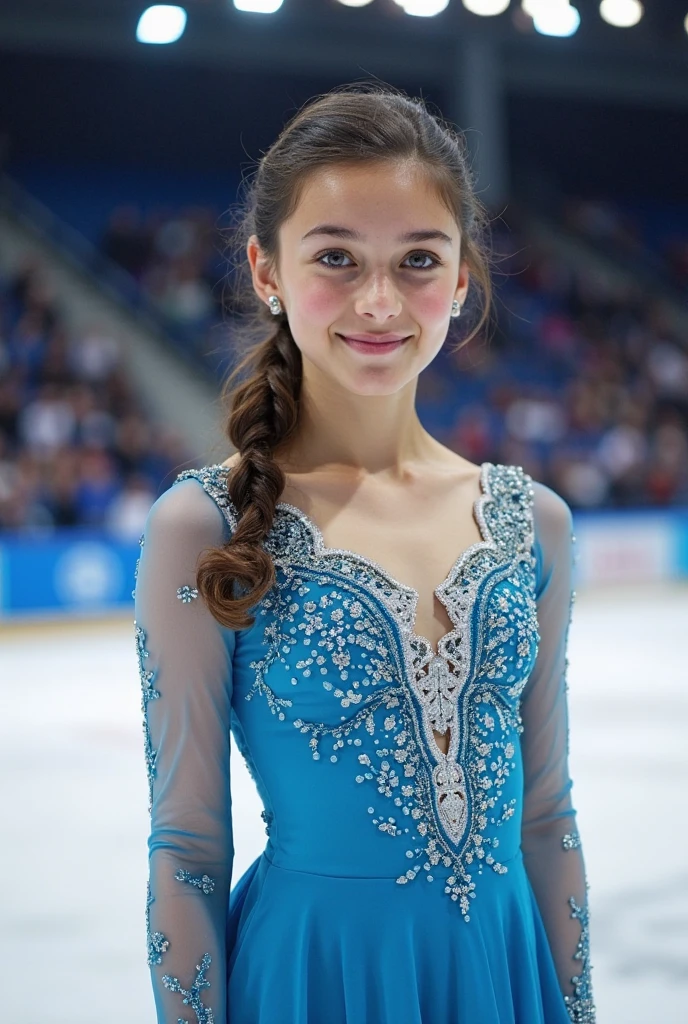 Italian teenage girl with blue eyes and dark hair, 18 years old, (full body, backside), RAW UHD format (Blue-eyed woman), pigtails, Haircut for a boy, figure skating, (low-cut), in detail (textures!, hairsh!, glistering, a color!!, imperfections: 1.1), highly detailed glossy eyes, Pop-visible,  , (is looking at the camera), specular lighting, DSLR camera, ultra quality, sharp-focus, sharpness, Depth of field, film grains, (centred), Fujifilm XT3, Crystal clear, public indecency, The center of the frame, pretty face, sharp-focus, detailed skin pores, oiled skin, suntan, Complex eye details, standing up, on ice, figure skater dress