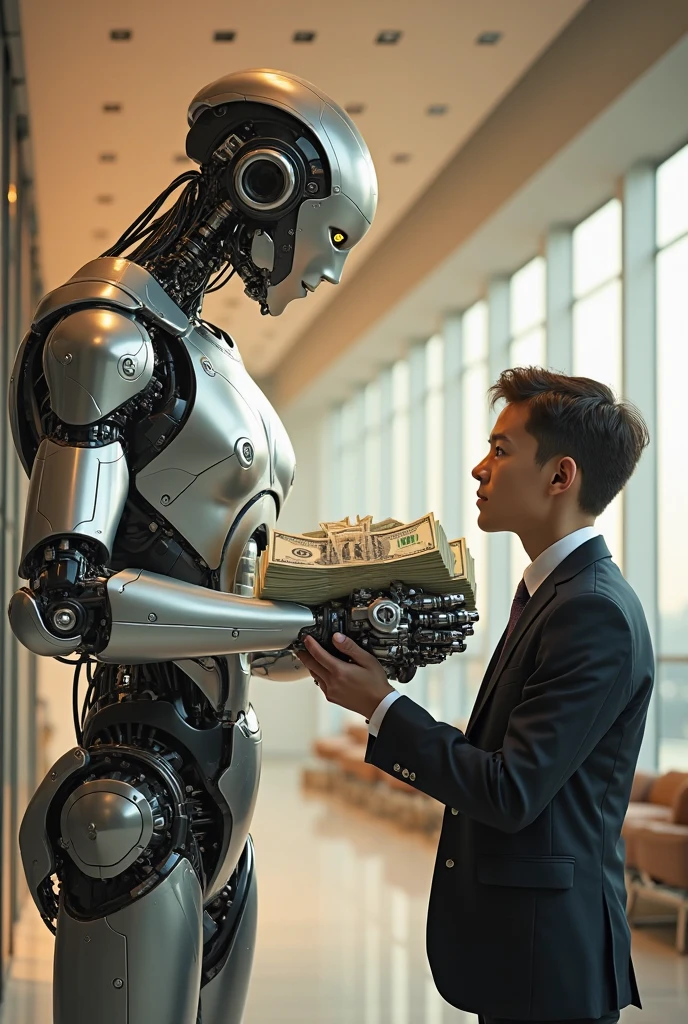 artificial intelligence holding hands with a human, with money around them
