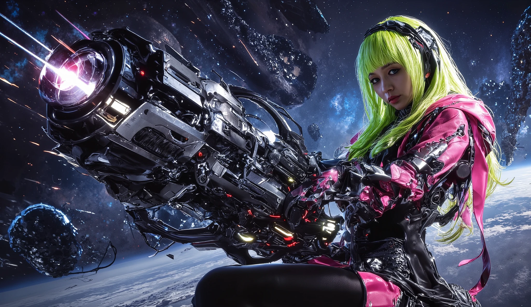 An amazing 8K sci-fi work,A Woman Manipulating a Weapon in Enchanting Outer Space,Surrounded by Sky and Neon Colored Hair。Style Inspired by CKSC,Commitment to quality and beauty。