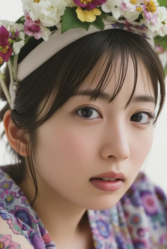 One Girl, (Beautiful girl, Delicate girl:1.3), (16 years old:1.3),
break, (yukata, Japan national costume:1.2),
break, (Glass vase, Hydrangea:1.2),
break, Very beautiful eyes, (Symmetrical eyes:1.3),
break, (Big Breasts:1.1), Brown eyes, Parted bangs, Brown bob cut hair,
break, (Eye and facial details:1.0),
break, (masterpiece, Highest quality, Super detailed, Detailed face, 8k)