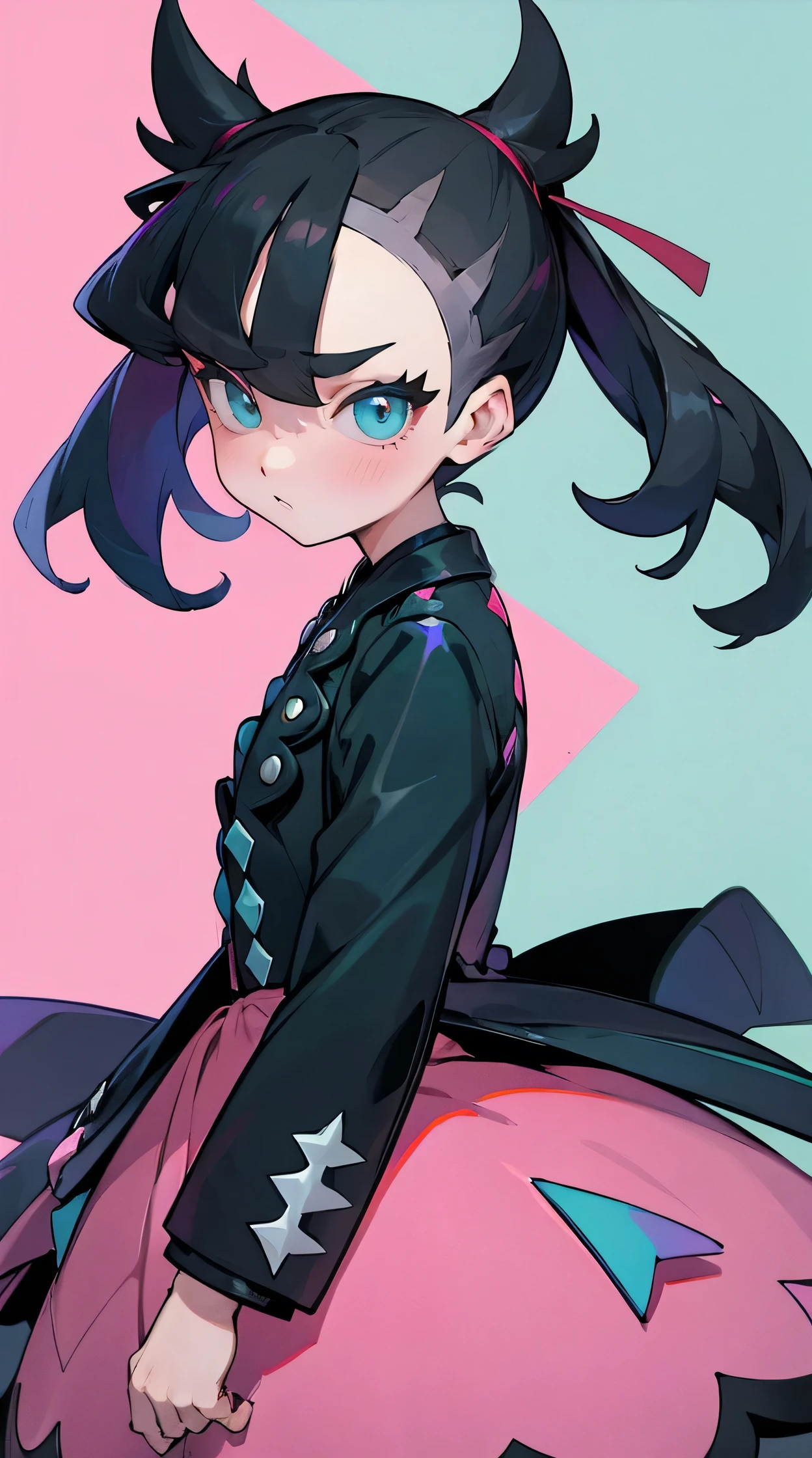 solo, 1 girl, high quality, perfect face, turqoise eyes, (marnie from pokemon), pink dress, black jacket, shy, detailed face, night stars