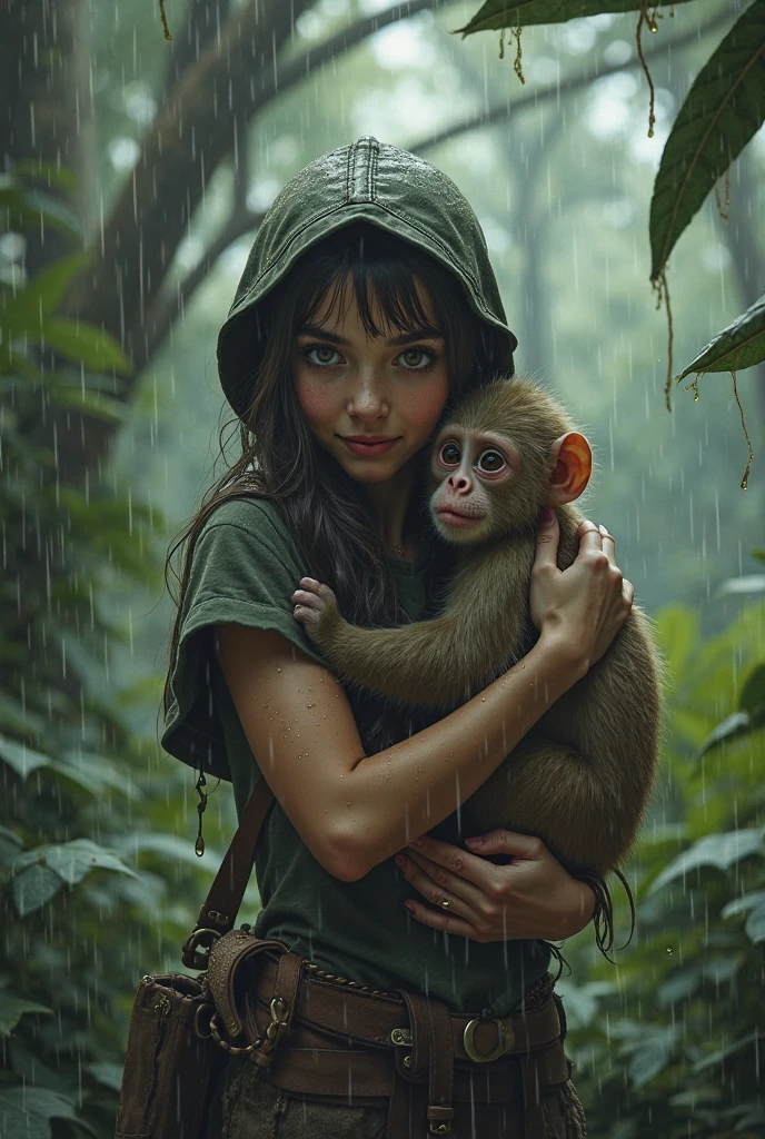 A (((18 tween holding a monkey and a monkey in her arms,))) (((Eri from my hero academia))). Wearing micro skirt and crop top. ((And her get hugs with Lewd monkey groping her in jungle)).(realistic arts), intricate, (monkey craves her carnally), nipslip, puffy nip, ((monkey grabbing breasts))