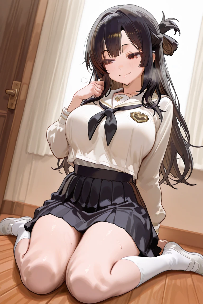 Highest quality, Tabletop, Portraiture, , One Girl, Kotegawa Yui, Black Hair, Long Hair, Long Bangs, Brown eyes, Yellow uniform, Pleated skirt, Crude room, View your viewers, smile, From below, mini skirt, White panties, (Big Breasts:1.2),