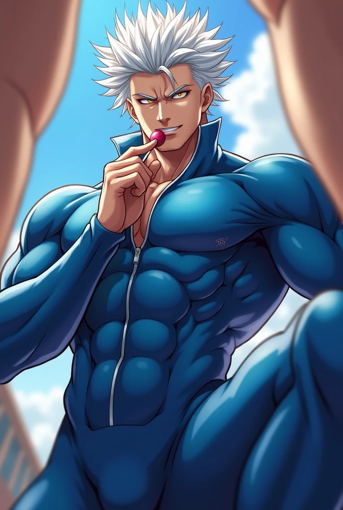 (masterpiece, Highest quality:1.2), smile, View your viewers, Huge muscles､Huge penis,David,Tight suit,Sakuma Jirou,Young boy,Little,Eye patch,Long cobalt blue hair