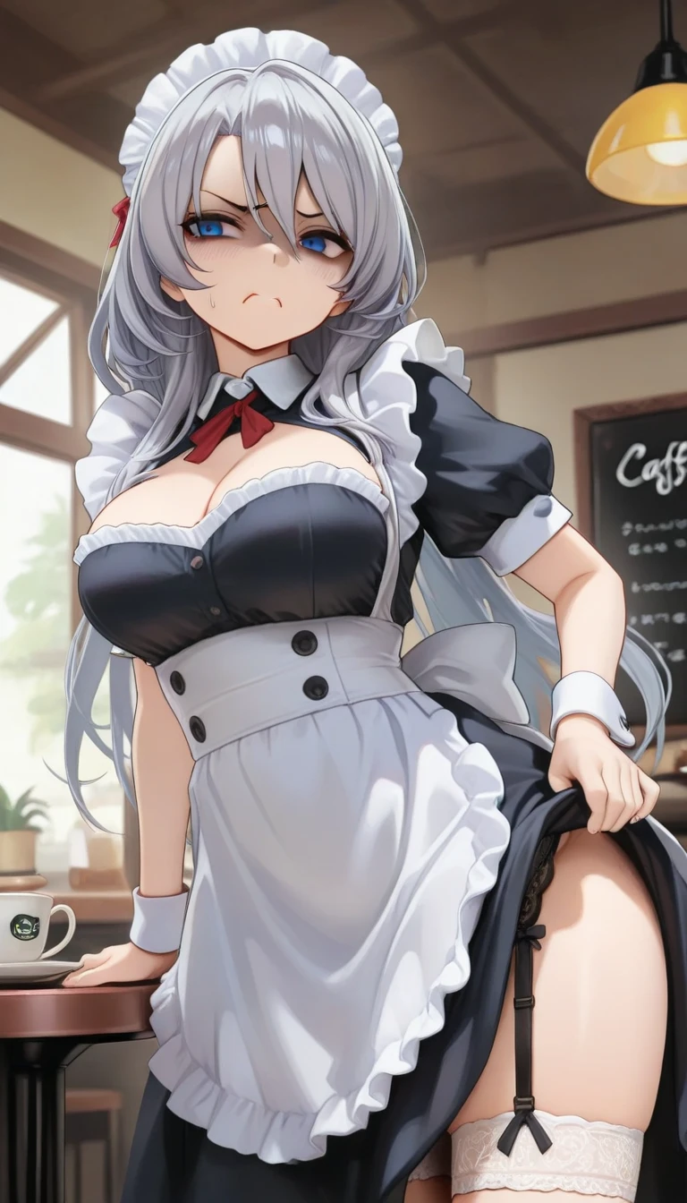 anime (Masou Gakuen HxH), Adult lady , sexy (very big boobs), actress (Reiri Hida) , gray eyes , black long hair that is to waist length , fishnet, tights ,laboratory shirt , She is at the chemistry lab.