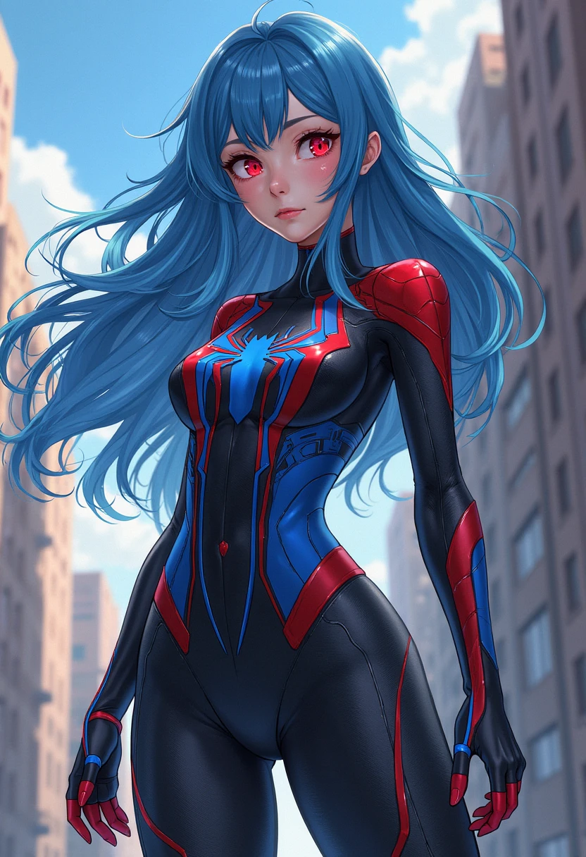 12 years old, 1girl, (((Masterpiece))), best quality, ultra-detailed CG unity 8k wallpaper, (1person:1.3), woman, black emo scene hair, blue eyes, full body black and blue spider man suit
