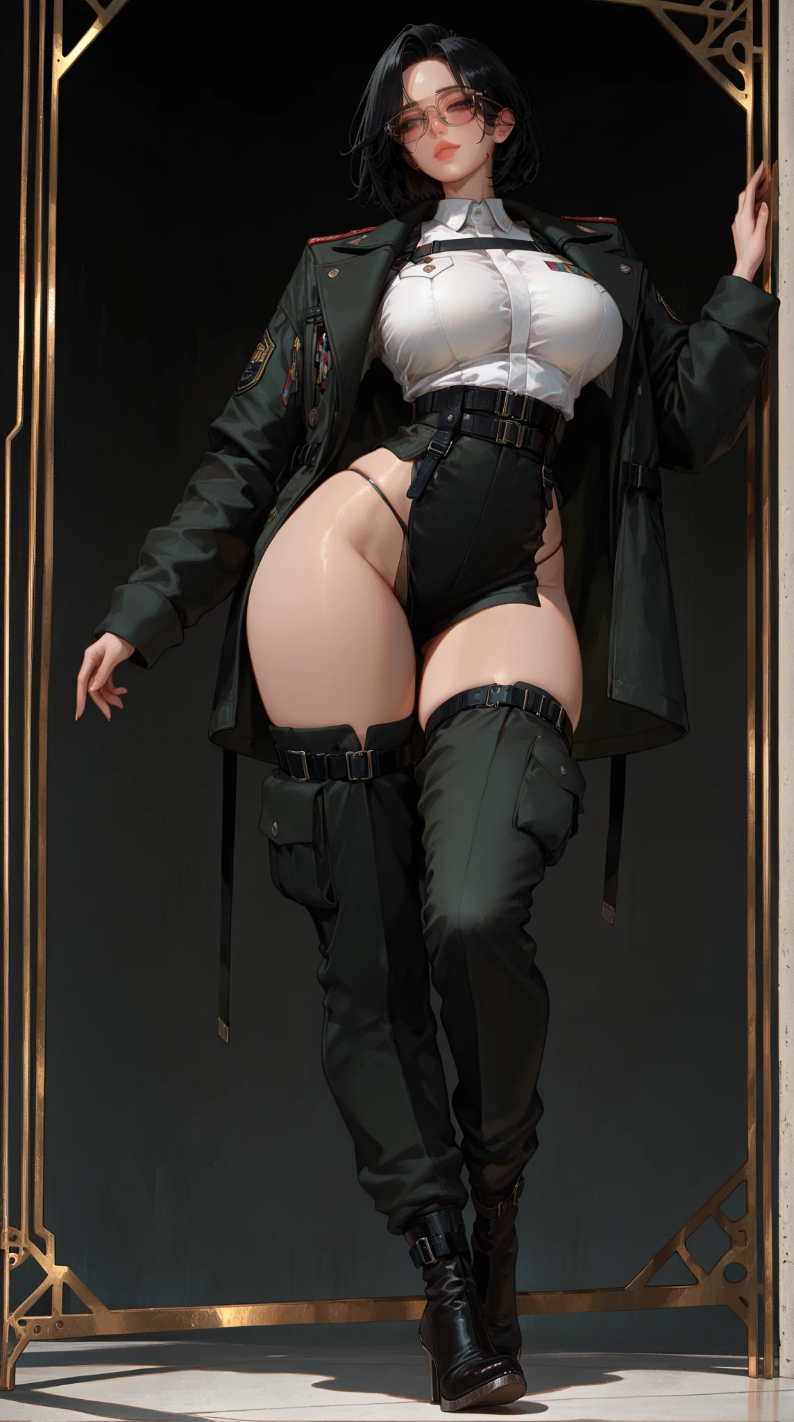 Usually detailed CG Unity 8K wallpaper，（tmasterpiece），（Best quality），（ultra - detailed），（ultra real photo），（best character detail：1.36），Nikon D750F / 1.4 55mm，RAW photogr，profesional lighting， physically-based renderingt, 1 plump girl, girl soldier，(dark green military uniform，(dark green military uniform)，Fabric texture military uniform，Business suit)，(Wear a plain white shirt under the jacket)，((red necktie))，((Black panties,))，Bareleged，Plump legs，black hair color hair，(military hat，Large wavy curls，Do not tie your hair，Short hair details)，the golden ratio,[:(Have a delicate face:1.2):0.2]:，pure love face_v1，thick bushy eyebrows，Wide shoulders,(gigantic breast:1.45),(gigantic ass),(Plump thighs:1.45),(Wide crotch:1.55),(I look up from below:1.55)，((both hands on hip):1.4)，Close-up Shot Shot，((smiling with narrow eyes，Smile full of confidence，Have by the sea):1.35)，(((Close-up of panties),Close-up of chest,facial closeups,front view))，(Sunset sky，gentlesunlight，sunshine on face，(light shining on face)，blue-sky，Sunny smile，light glow)，white teeth，(looking at me)，(((thicc, big booty, curvy accentuated booty, thick thigs, wide hips, insanely inflated hips,🐎🍑) )，azur lane style)，high-heels，