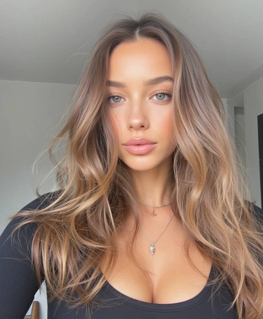 arafed woman with long brown hair and a black top, brunette with dyed blonde hair, portrait sophie mudd, glowing highlights, pokimane, girl with brown hair, brown flowing hair, brown colored long hair, alana fletcher, long shiny bronze brown hair, long curly brown hair, with brown hair, long flowing brown hair, brunette