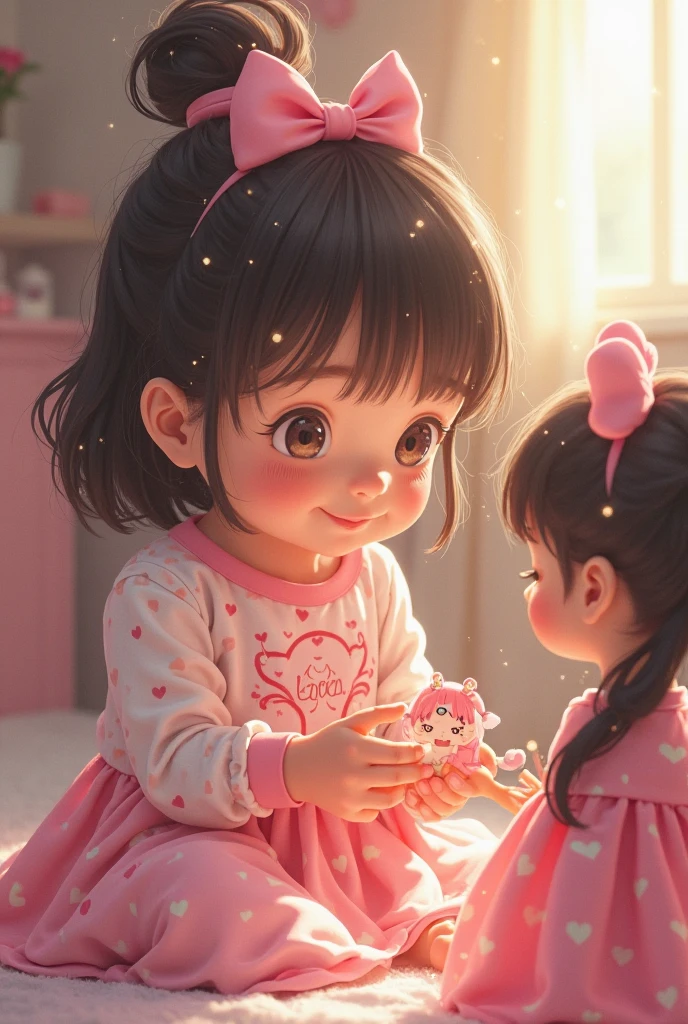 best quality,1girl, baby face, smile, cute, pink dress, long black hair, blue eyes,