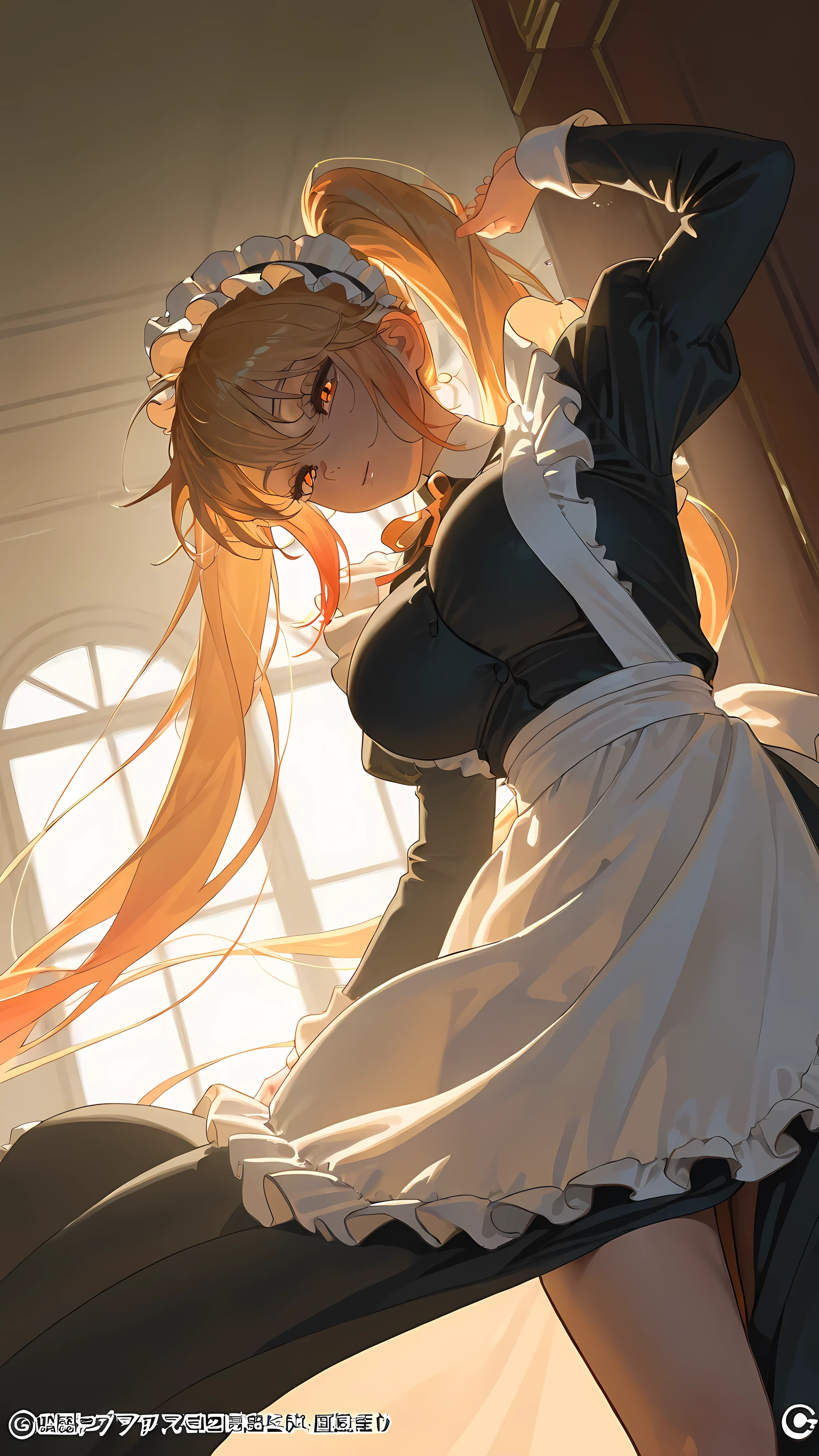 (4k,8k,highres,obra-prima:1.2),Ultra detailed, Intricate details, high costura, dramatic lighting, clear cores, chiaroscuro, dynamic angle, focus on the face , pose dynamic hunting, Tohru,  resting standing , Lifting the hem of the maid dress, pose sensual,  , big breasts,  breasts almost showing , half-open eyes, seductive expression, in a super detailed room, flower pots and clutter