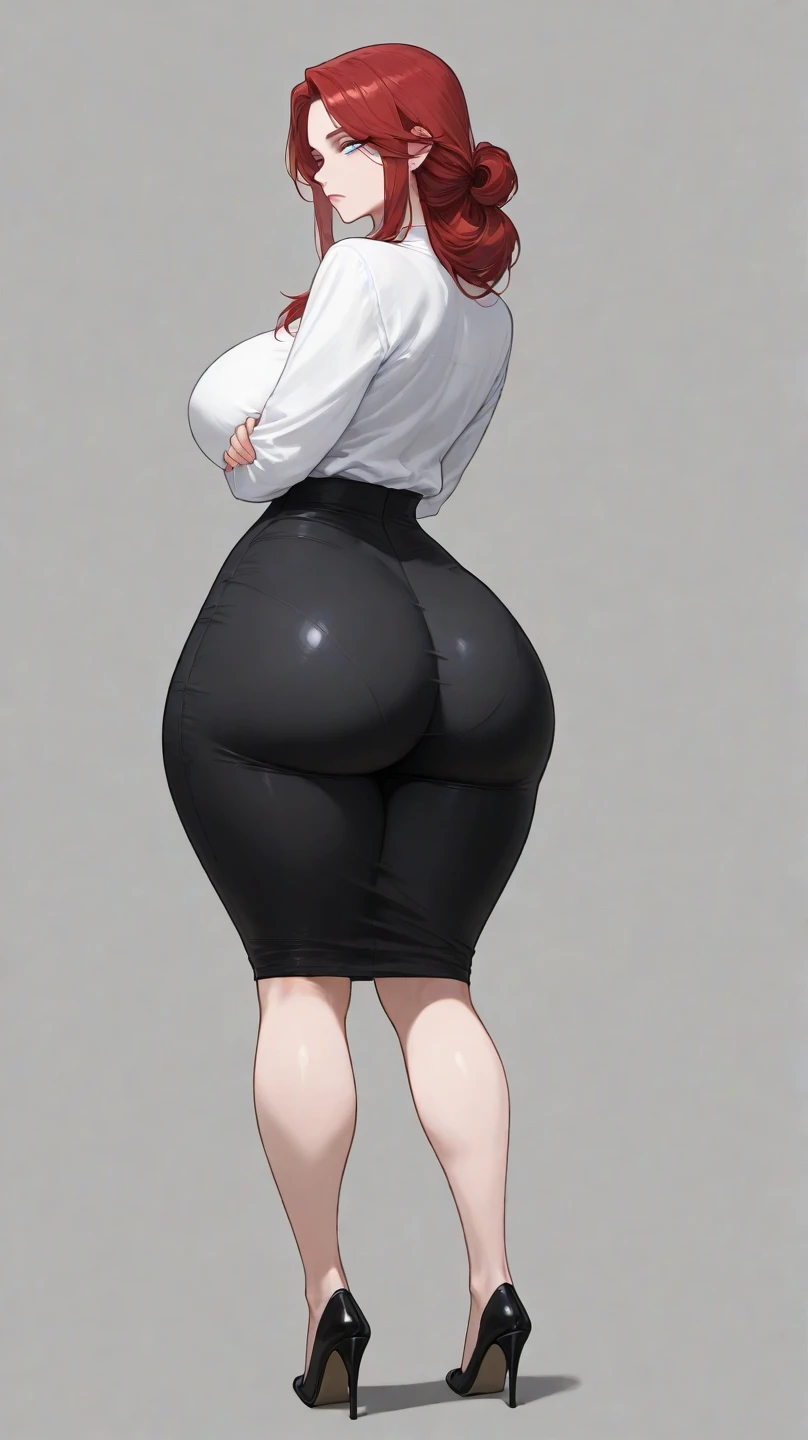 Red haired Latina in grey sweater and white cotton panties, bent over, big butt, photo realistic, detailed wrinkles