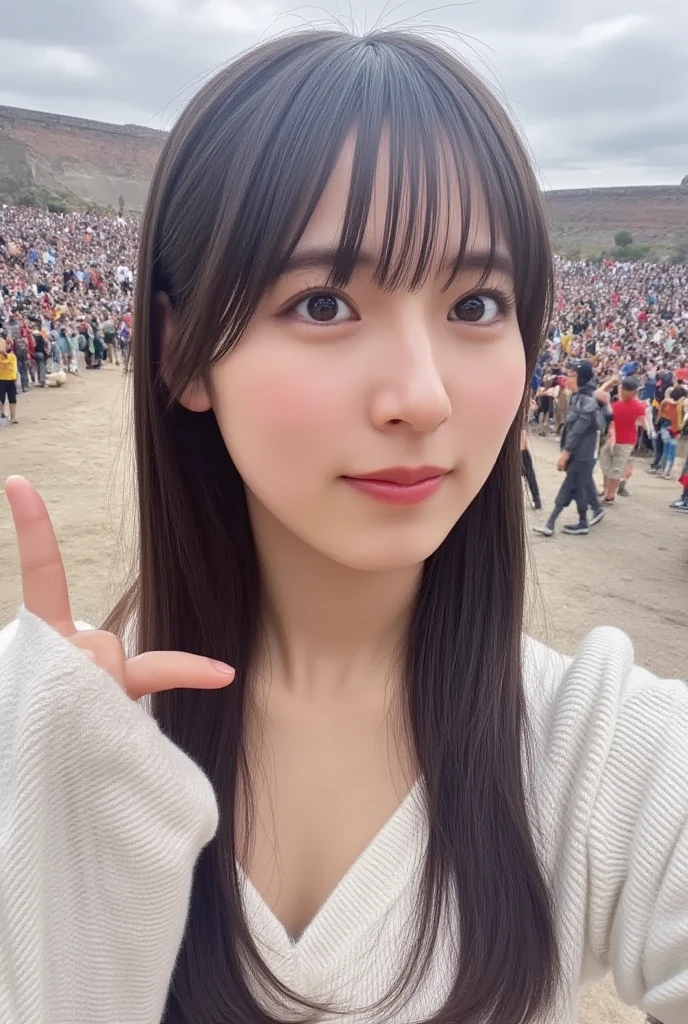 Highest quality Masterpiece high resolution Ultra-realistic Japanese girl beauty 22 years old ponytail A shy smile peace sign In underwear Selfie In town Japanese sign crowd