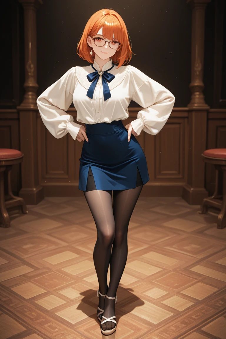 Skye from Paw Patrol, anthro, mature adult, female cockapoo, flowy orange hair, magenta eyes, tall, curvy, white shirt with black tie, black skirt, heels, standing, solo, beautiful, high quality, full body, 4K