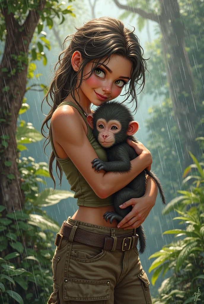 A (((18 tween holding a monkey and a monkey in her arms,))) (((Eri from my hero academia))). Wearing micro skirt and crop top. ((And her get hugs with Lewd monkey groping her in jungle)).(realistic arts), intricate, (monkey craves her carnally), nipslip, puffy nip, ((monkey grabbing breasts))