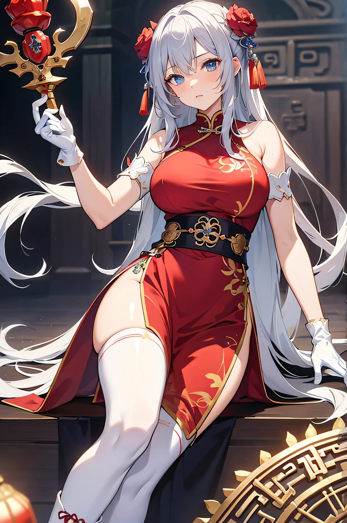 realistic image, coherent image, detailed image, 1 beautiful elf. She has silver hair, long hair. Yellow eyes, long eyelashes. Her face is oval and delicate. Smiling. She wears a red Cheongsam, side slits. She has a curvy body, medium breasts and thick thighs. Chinese temple, flower petals falling around. ambient light, volumetric light,

