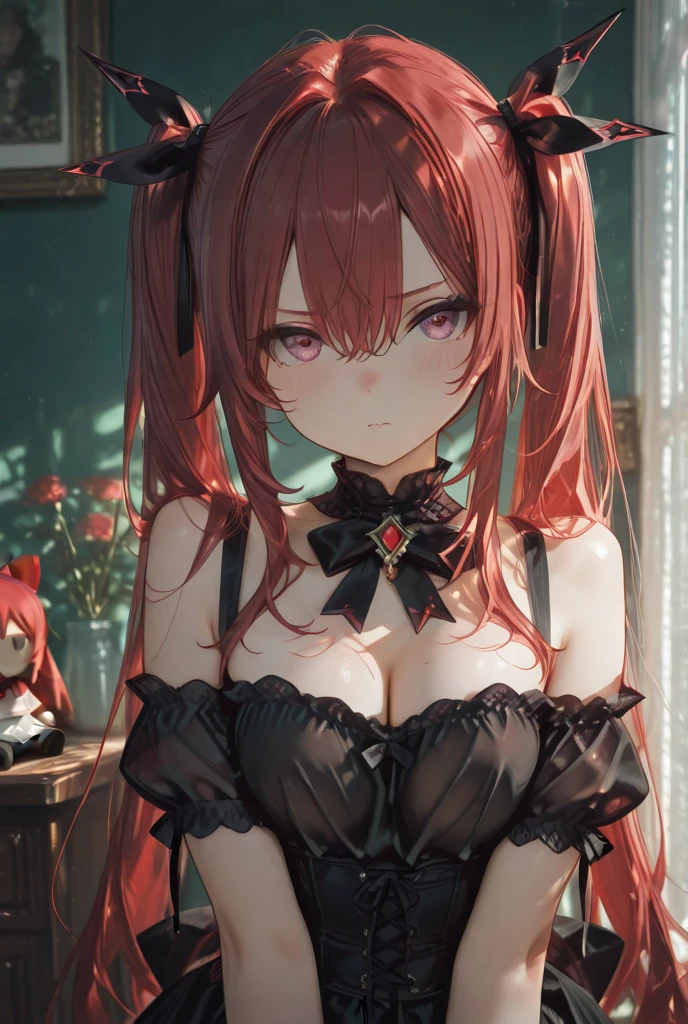 (large breasts:1.55),(shiny,hair),((solo)),((masterpiece)),((best quality)),perfect anatomy,slim waist,perfect image,8k UHD,(beautiful detailed eyes:1.5),extremely detailed face,standing,(upper body:1.25),(look at the front:1.5),arms behindback,ultra-detailed,absurdres,highres,nn1,hair ribbon,long hair,indoor room,smile,smug look,(extremely shiny black body suit:1.3),(full tight),lips,(aqua eyes:1.1),