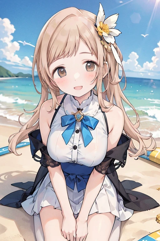 Minami Kotori, One side up, Hair Ribbon, masterpiece, top quality, high resolution, unity 8k wall paper, illustration, detailed eyes, extra detailed face, Highly detailed CG, glossy lips, fill lips, light makeup, scared, fear, (tears, crying), necklace, (quicksand:1.3), beach, corset