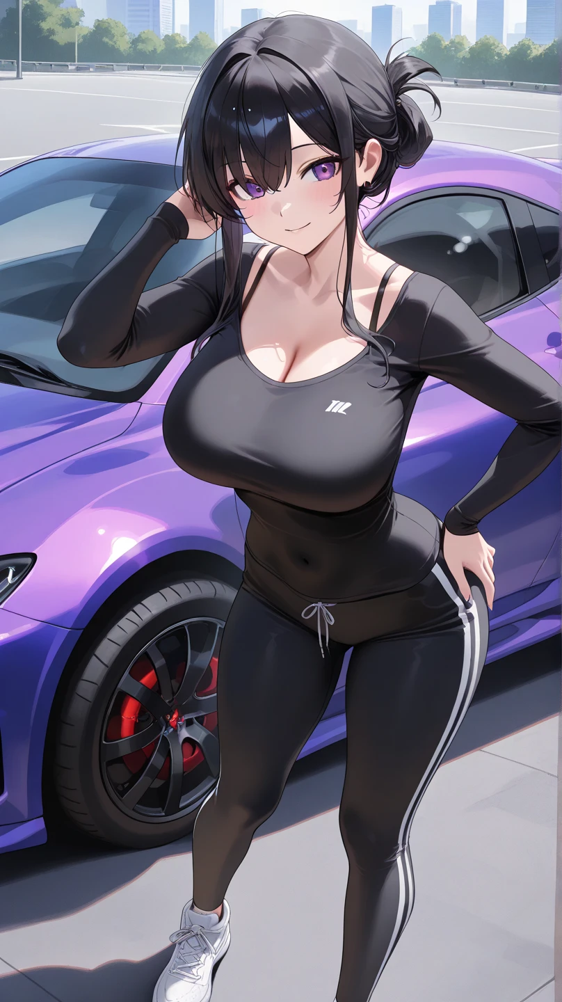 1girl, black hair, short hair, ponytail, long ponytail, blue eyes, large breasts, thick thighs, toned, hourglass figure, serious, blue jacket, bodysuit, black bodysuit, policewoman, police hat, police, neon, neon trim, futuristic, science-fiction, machinery, tech, car, race queen, sports car, police car, cleavage cutout