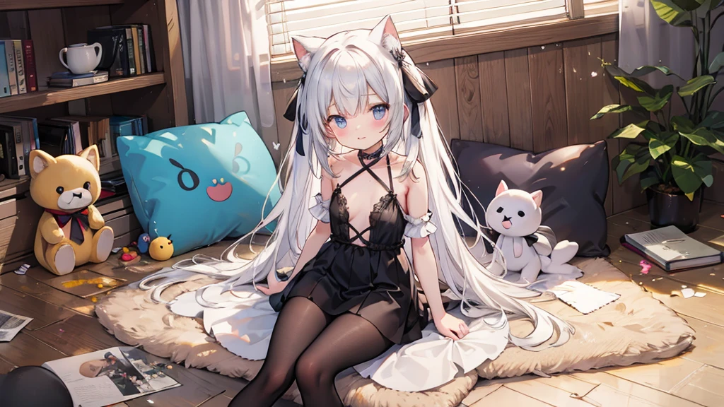 beautiful girl，very young，Alone，Wearing black Lolita，White knee socks，Extra large breasts，突出Extra large breasts，Exposed big cleavage，exposed breasts，Mainly breasts，white cat ears
