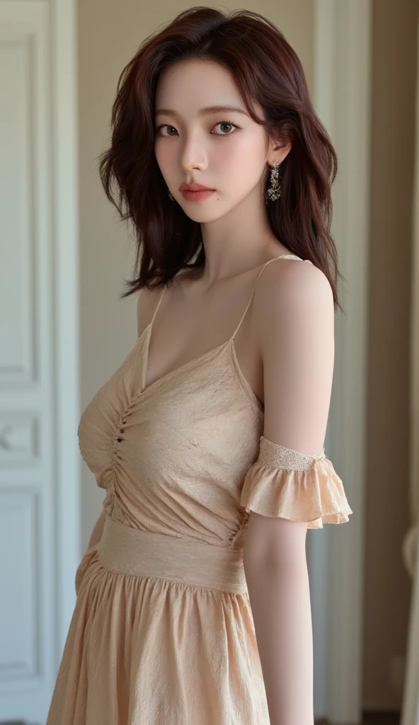 yuyibb,YUYIBB,(extra large breasts: 1.6), (masterpiece:1.2), (best quality:1.2),(high quality:1.2),(realistic:1.2), (photorealistic:1.2) ,(official art:1.2),(extremely detailed:1.2), Masterpiece, best quality, realism, dress, flower, solo, black hair, pink dress, sitting posture, front, rose, plant, long hair, chair, blur, bare shoulders, ((very voluptuous glamor)), pink flowers, jewelry, pink rose, necklace, depth of field, off-the-shoulder dress, off-the-shoulder, chest, looking at the audience in front, collarbone, lips, vines.
