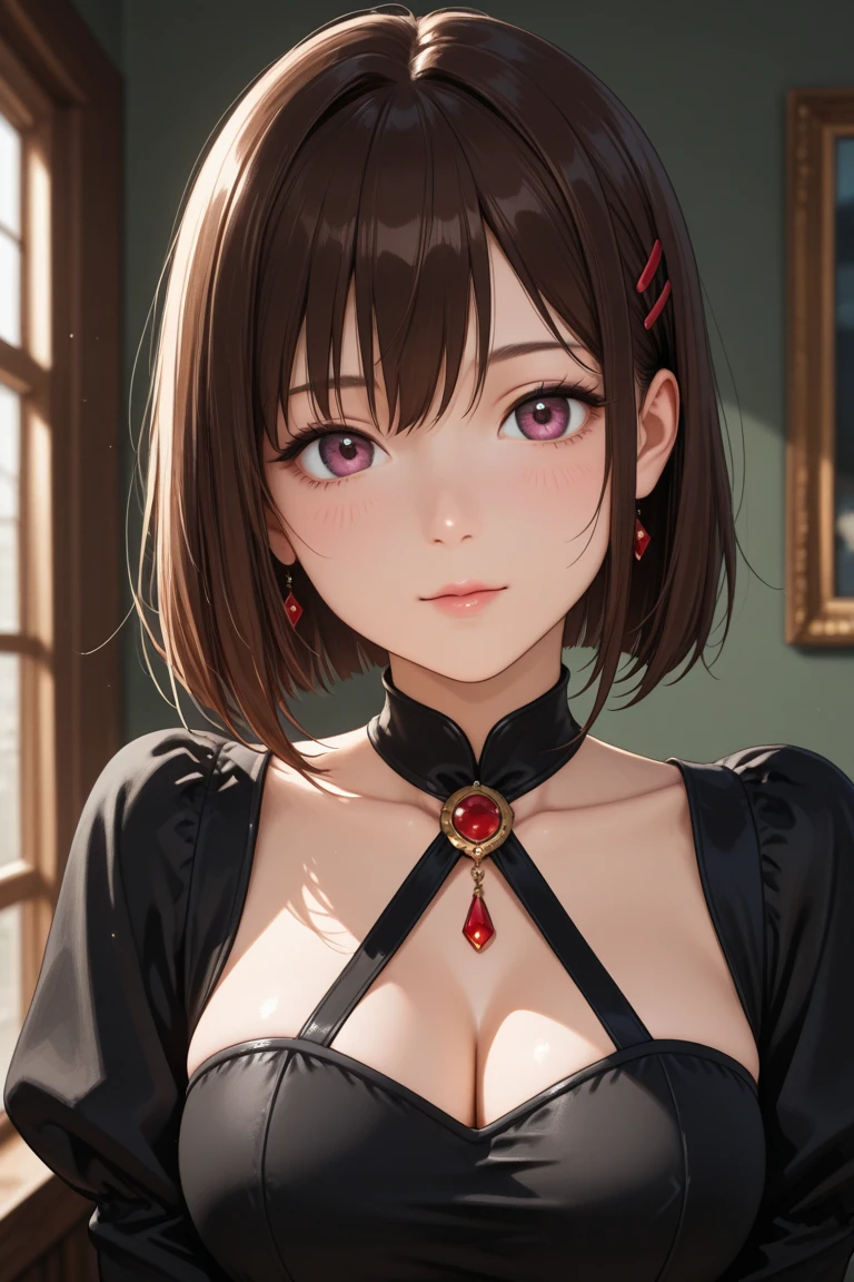 ((ultra quality)), ((Masterpiece)), ((8K)), ((Megumin)), ((brown hair)), (Beautiful face), (), charming, ((curious facial expression)), looks at the camera with a slight smile, eyes closed a little, (Skin color white), (White skin), glare on the body, ((detailed beautiful female eyes)), ((Red eyes)), (beautiful female lips), (dark eyeliner), (beautiful female hands), ((Ideal female figure)), Ideal female body, beautiful waist, beautiful hips, small breasts, (cloth: Megumin costume), ((subtle and beautiful)), sits seductively (), background: fantasy guild of heroes, ((depth of field)), ((high quality clear image)), (clear details), ((High detail)), realistically, ((Clear Focus)), anime.