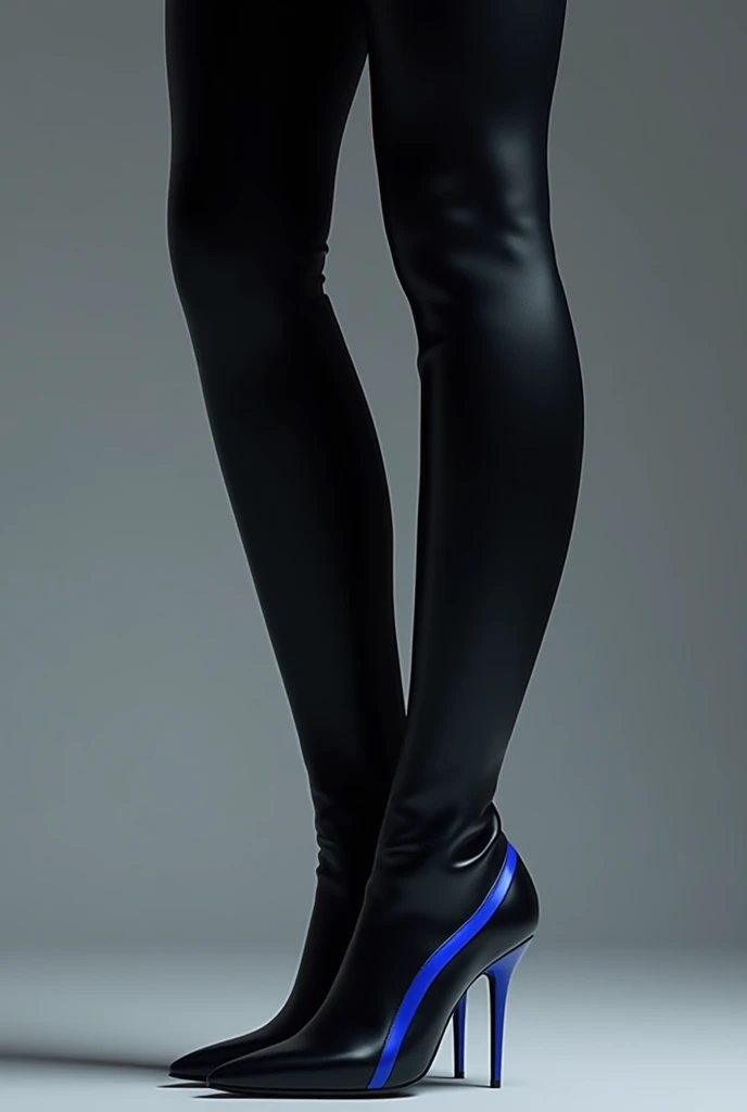 A pair of long legs,black leg rings,blue stocking,closeup cleavage