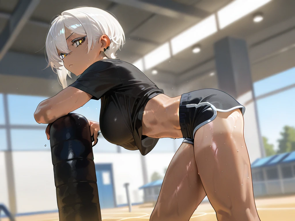 14 years old, school girl, sports bra, short , ponytail, fit clothes, red eyes, silver hair, spread leg, wet, sports girl,Tired from sitting and resting,