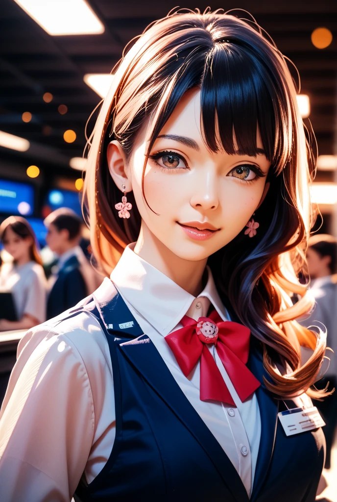 1girl, solo, long hair, breasts, looking at viewer, brown hair, shirt, bow, brown eyes, , jacket, upper body, bowtie, white headwear, blue bow, blazer, blue bowtie, orange jacket