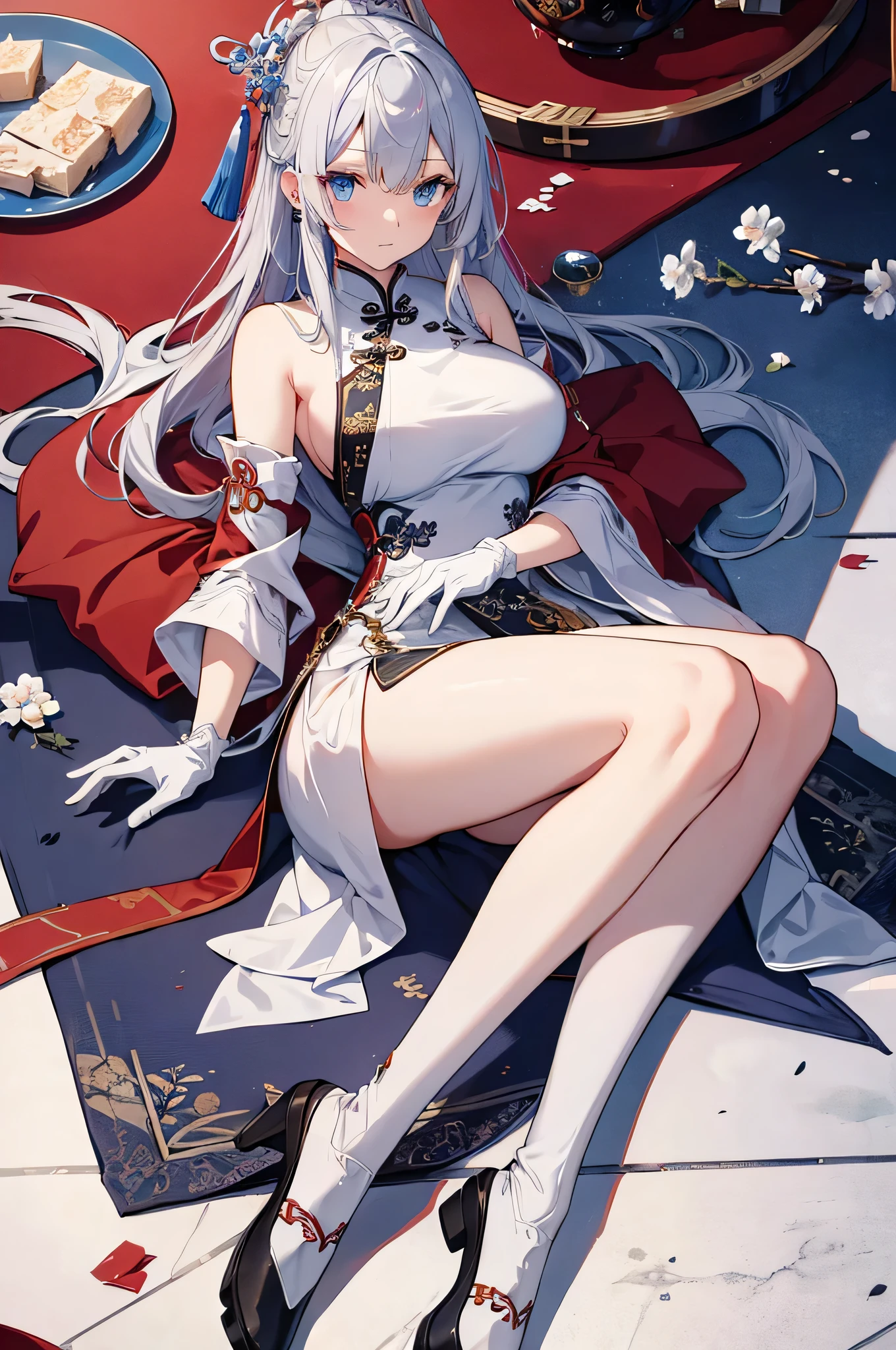 ((Masterpiece)), (A high resolution), (Best quality), (Ultra-detailed), (illustration), Original, Extremely detailed 8k wallpaper, ((1girll)), (An extremely delicate and beautiful), forest, Sunlight, Light particles,Cute, ((Disheveled hair)), Very long light white hair, Red eyes, Bare shoulders ,delicate leg, Black skirt , horns from head,looking at viewert,Sitting,From the side Side, little breast, shimanto, white stockings, white underwear, Japanese cloth,
