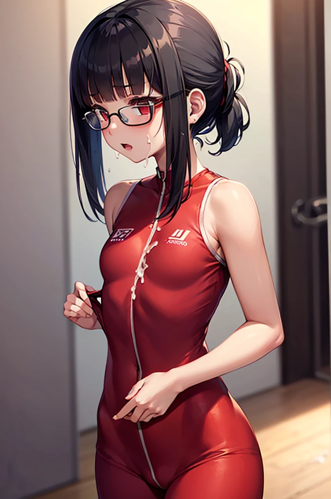 1 girl,Solo、masterpiece、Detailed beautiful face、Detailed beautiful eyes、hight resolution、Beautiful lighting、An ultra-fine illustrations、extremely delicate and beautiful、top-quality、Slender and perfect style woman、((sexy pose、Poses to seduce、Obscene poses))、(Cute、Young Girl)、(The eyes are detailed and beautiful),Curvaceous, A smile、(shinny hair, Glossy eyes, shinny skin), (glistning skin) 、thighs thighs thighs thighs、Watch your audience、under the boobs、blushed、Blushing cheeks,(Red Shirt、Sleeveless 、turtle neck),(hotpants:1.3、lowrise),((Black hair、Blunt bangs、bowl cut hair:1.3、Purple eyes、eye glass))、(pantyhose)、(small tits)、The navel is visible