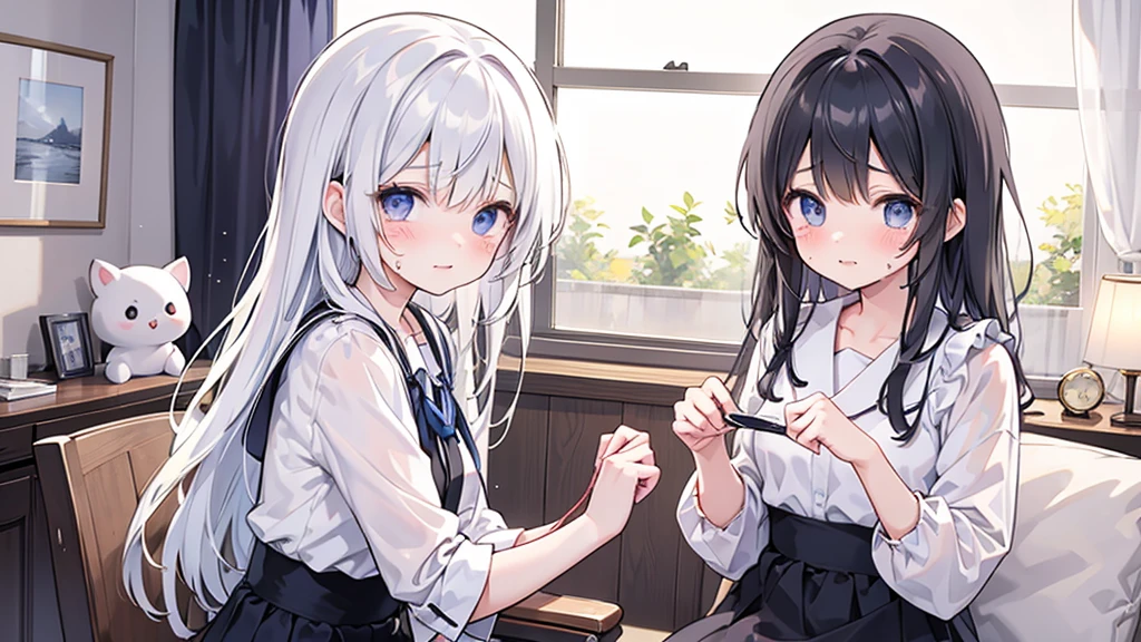 blue skirt, Clarification , pleated skirt, , Seraphim, skirt,View your viewers,indoor, classroom,
One girl ,Red eyes, Cleavage, Multicolored Hair, Grey Hair, Striped Hair, bandage, hair ornaments, smile, Black Hair, Clothing cutouts, Earrings, Braiding, tooth,Long Hair,masterpiece, High resolution, Octance 4K, Attention to detail