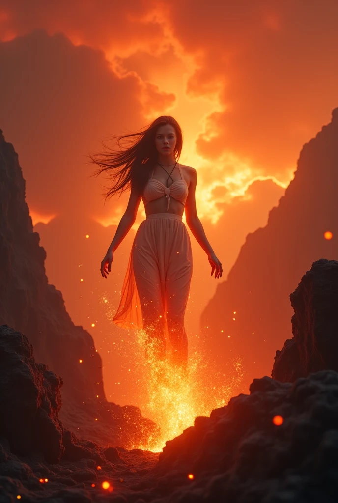 An evocative and surreal album cover depicting the tragic loss in the battle against addiction. The scene features a feminine figure, her body appearing as if it's slowly disintegrating into ashes and embers, symbolizing the 'lost fire' that has burned out. Her form is fragile, with cracks running through her, as if she’s being consumed from within. She stands on the edge of a crumbling cliff, overlooking a dark, endless abyss below, representing the depth of despair. Surrounding her are swirling shadows and ghostly hands, reaching out as if pulling her into the darkness. The sky is a tumultuous blend of deep blacks and blood-red hues, with faint, flickering remnants of light barely visible, symbolizing the fading hope. The overall atmosphere is heavy, dark, and deeply melancholic, reflecting the sorrow and finality of losing the battle.