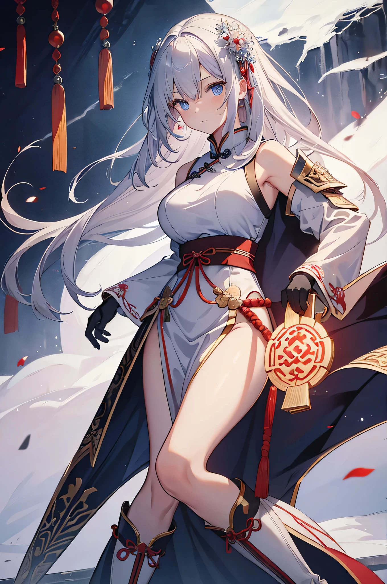 skadiCH hairstyle， Costume - Scatić， 1girll， long whitr hair， 独奏， Red eyes， nedium breasts， long whitr hair， The barefoot， staff member， greyt hair ， By bangs， naked leg， upper legs， Hold the staff， bucket-hat， aqua headwear， mediuml breasts，A pair of white panties hangs from one leg，Critical area occlusion