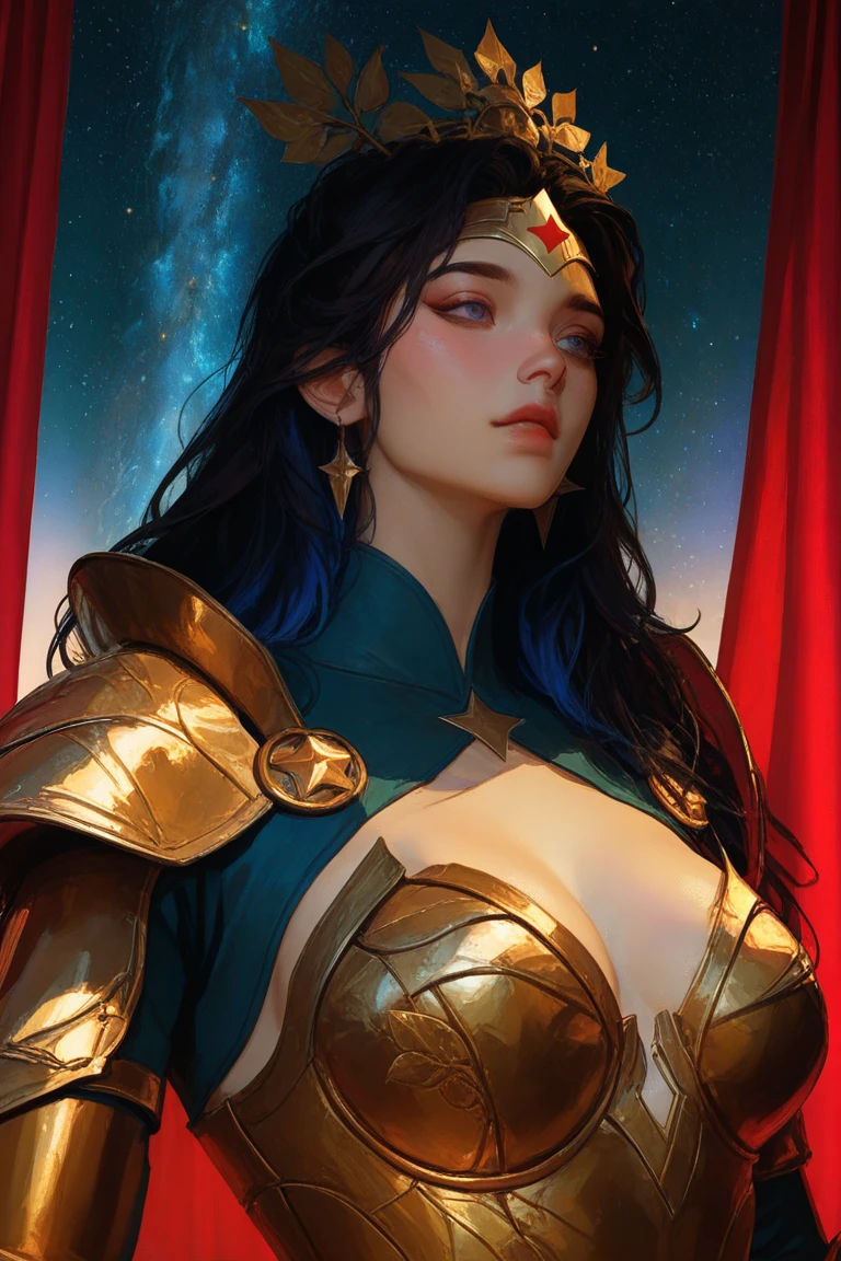 (masterpiece, top quality, best quality, official art, beautiful and aesthetic:1.2), (1girl:1.3), dark blue hair in braid, extremely detailed, portrait, looking at viewer, solo, (full body:0.6), detailed background, close up, (cool science fiction space theme:1.1), ((((blue skin)))), extremely busty sorceress, charlatan, mysterious, casting spells in space, four arms, revealing white and gold robes, fingerless gloves, long gloves, glowing magical energy, blindfold, elaborate headdress, golden ceremonial headwear, sheer white fabric, elegant robes, skirts, streamers, cowl, cape, sandals, bracers, ((((gigantic breasts, cleavage, skindentation)))), slim waist, slim hips, long legs, athletic, SPACE, futuristic moon, (space exterior:1.1) background, dark mysterious lighting, shadows, magical atmosphere, dutch angle