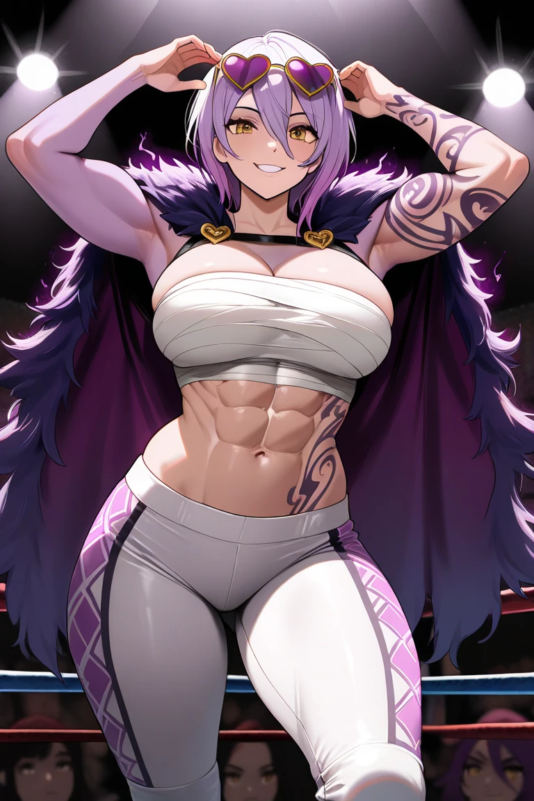 (masterpiece, best quality), expressive eyes, perfect face, absurdres, 1girl, solo, beautiful, black nails, makeup, jewelry, detached sleeves, bare shoulders, purple hair, red eyes, nail polish, belt, colored skin, purple lips,  pointy ears, medium breasts, cleavage, witch hat, feathers, witch, rose, high heels, earrings, short hair, veiny hands, official art,extremely detailed CG unity 8k wallpaper, perfect lighting,Colorful, Bright_Front_face_Lighting, shiny skin, (masterpiece:1.0),(best_quality:1.0), (beautiful_face:1.5), detailed, (muscular female:1.4), thick neck, collarbone, pectorals, thick pectorals, obliques, narrow waist, flat stomach, abs, bloated abs, navel, groin, wide hips, narrow hips, glutes, veins, Arfoire, muscular