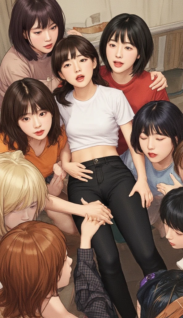 realisticlying、Two 45-year-old girls、T-shirt wearing,Face enhancement,Chest super large zoom,Cleavage emphasis,Looking up from the bottom,Blushing,Red lips,A sexy,standing,Open your mouth wide、Put your arms around the back of your head、Wearing underwear,full body shot