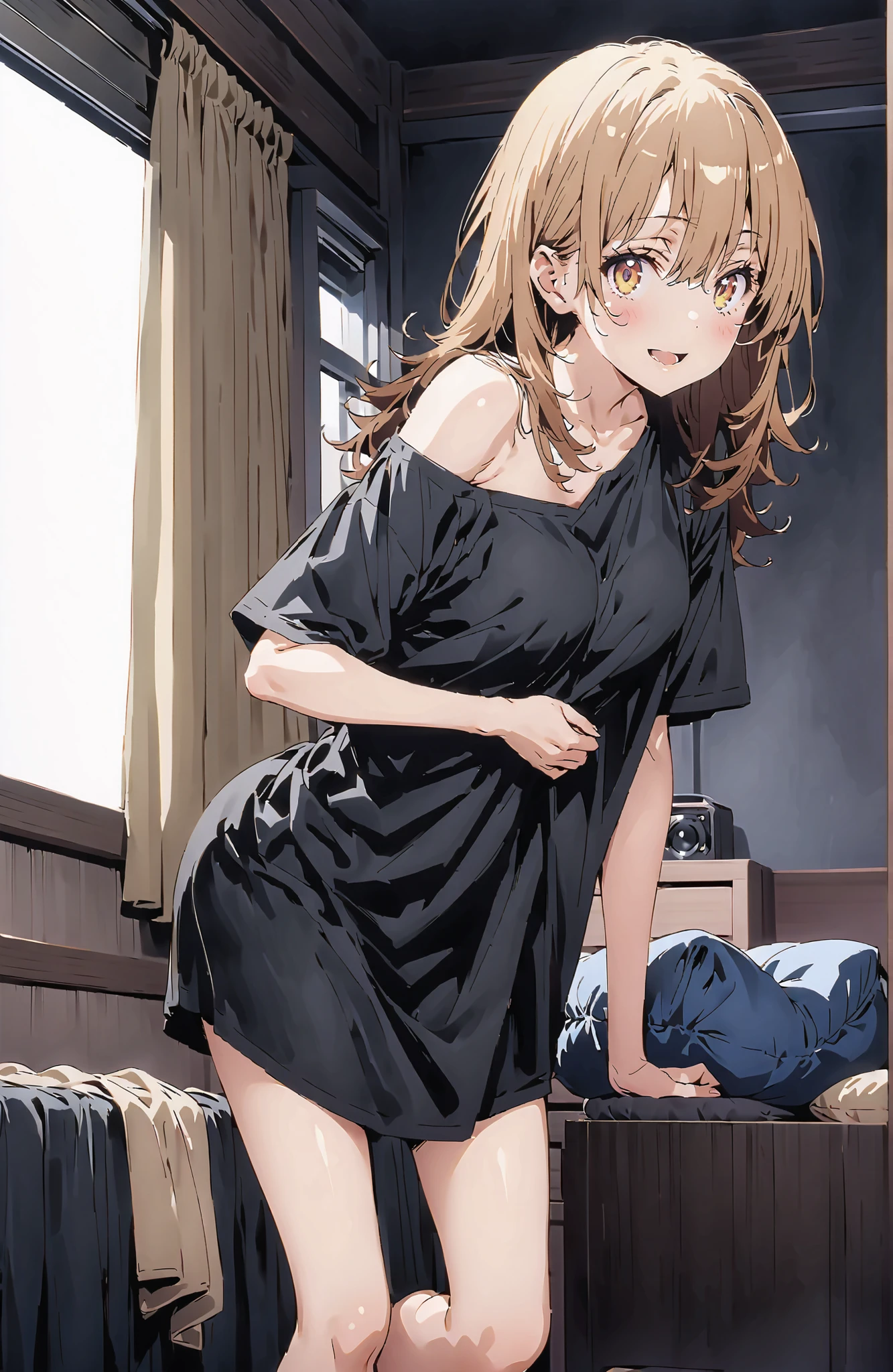 score_9, score_8_up, score_7_up, source_anime,Iroha Isshiki, long hair, brown hair, brown eyes,smile,blush,opens his mouth,oversized t-shirt, one shoulder,Medium breast,Bare legs,bare feet,morning,morning日,interior,curtains,window, bet, betの上に座っている,Waking up,hugging a pillow, Beautiful Streetscapes,full bodyがイラストに入るように,in their 40s looking at viewer,full body,
in their 40s indoors,bedroom,
in their 40s (masterpiece:1.2), best quality, high resolution, Unity 8Kの壁紙, ( illustration :0.8), (beautiful detailed eyes:1.6), very detailed face, perfect lighting, very detailed CG, (perfect hand in h, perfect anatomy),