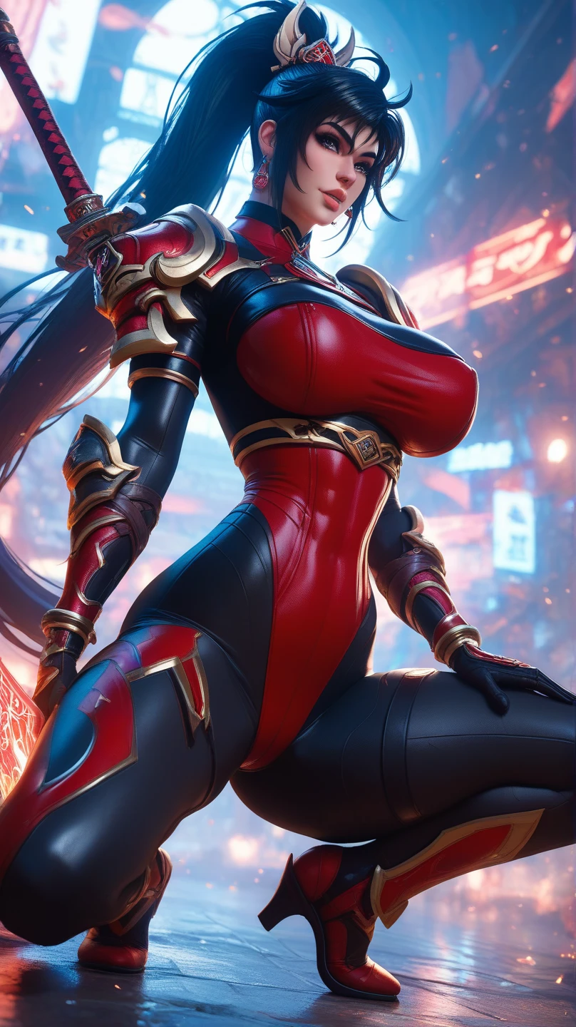 Unreal Engine 5, Realistic Rendering, Excellent, blue jacket, tank top, yoga pants, tight, milf, looking on viewer, 3dcg, cgi, 1girl standing on castle, beautiful face, makeup, (photorealism:1.2), photorealistic, ultrarealistic uhd face, (huge fake breasts:1.4), (gigantic breasts:1.1), (muscle abs), (wide hips), (thick thighs), slim waist, full figure, (big buttock), shiny skin, bokeh, masterpiece, highres, 1080P, UHD, ((she is perfect body)),