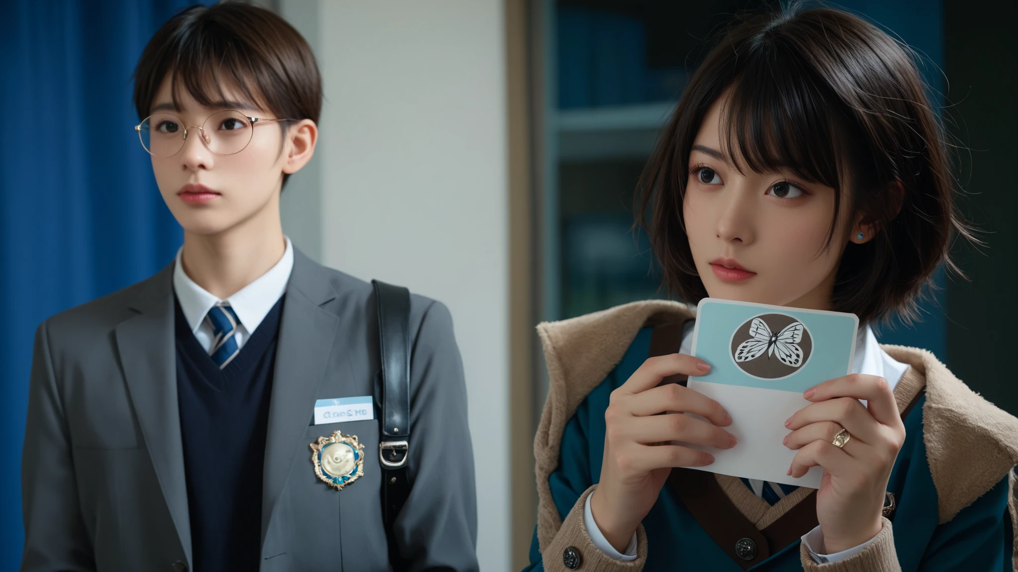 Two agers, likely Asian, are depicted. The boy, on the left, is of medium build, with short brown hair and round glasses, wearing a gray school blazer, collared shirt, and tie in soft, muted gray and cream tones. He's looking slightly to his right and is positioned on the left side of the image. The girl, on the right, has short dark hair and is of slim build, wearing a top in delicate mauve-pink and a jacket in a gentle teal/green pastel. She's holding a light-blue card with a white paper butterfly design cut-out, rendered in soft powder blue and white. Her expression is attentive and slightly concerned. Her posture is slightly hunched, and she's positioned in the right half of the image. Both subjects are oriented slightly away from the viewer. The setting appears to be a school or similar indoor environment with a backdrop of soft teal and hazy blue pastels. Lighting is natural and evenly distributed across the scene, with an overall soft, diffused quality. The overall style is realistic and slightly dramatic, suggestive of a scene from a film or drama, now with a gentle, dreamlike quality enhanced by the pastel palette. The focus is on the girl holding the paper and her attentiveness, all within a soothing and harmonious pastel color scheme.