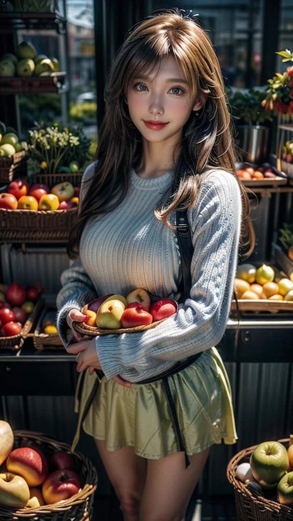 (Woman 25 year old),(sitting on fruit stall:1.3), (long hair:1.3),(Blouse woman clother :1.6) ,(DArk green polka-dot pattern:1.3) , (market themes:1.7), in the style of japanese prints, dark green and white, villagecore, she jiaying, dynamic outdoor shots, high gloss, 8k hd,RAW photo, (photorealistic:1.4, realistic), highly detailed CG unified 8K wallpapers, ((thick body:0.7)), (perfect breasts:1.7), (HQ skin:1.8), 8k uhd, dslr, soft lighting, high quality, film grain, Fujifilm XT3, (charming),(flirting)