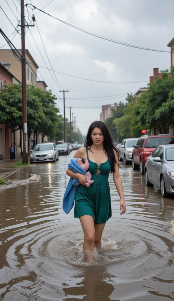 Best quality, Masterpiece, beautiful princess in a flooded city street, wearing a stunning red gown and tiara, wearing silver jewelry with rubies (necklace, tiara, earrings, bracelets), beautiful woman, wet, wet hair, wet dress, (((drenched))) (((soaked)))