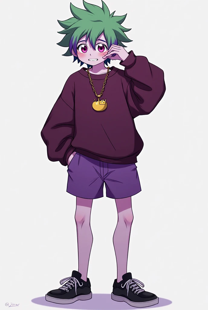 A thin teenage boy, with glasses, black and purple curly hair, With black shirt, white sweatshirt with purple paint stains unbuttoned, light black shorts, with bare feet, A purple anklet on the left leg.
