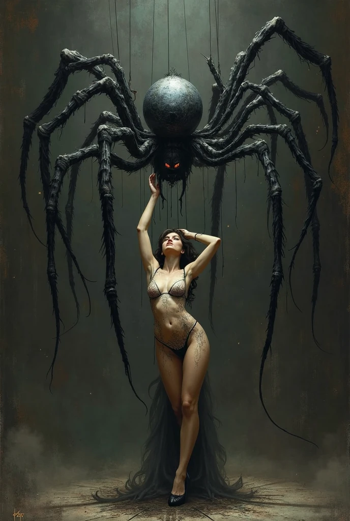 <lora:4r4chn1dXL:0.9> fantasy 4r4chn1d 1girl, , solo, warrior, arachnid, angry, evil, character focus, Black hair, pale skin, weapon,corpse,spear, combat stance, attacking, fearsome, scary horror \(theme\), (in __LocationWildcards/locations_fantasy__:0.5), desktop wallpaper, official_wallpaper, desaturated, atmospheric, concept art