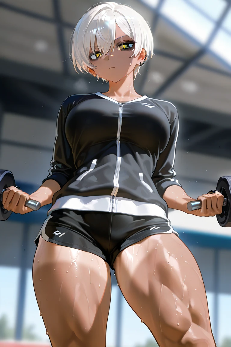 (Sweat, White skin:1.5、Light gray sports bra, Wet clothing), cameltoe, Brand logo on the bra, Fitness, Bodybuilding Poses, Sweat染み:1.5, Wet clothing