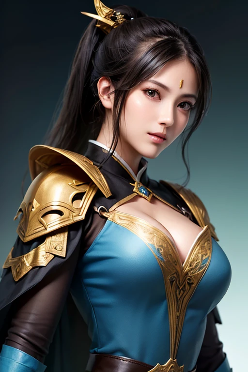 Highest quality, shape, Very detailed, In detail, High resolution, 8k wallpaper, Perfect dynamic composition, Beautiful attention to detail, Natural Lip , ((Big Breasts)), Cleavage、Warrior Costume、smile、Sexy pose