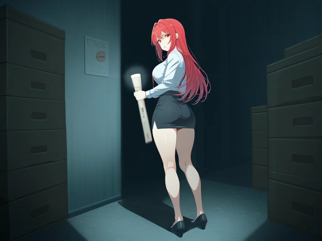 (hero neisan art syle:0.7), (harayutaka art style:0.7), score_9, score_8_up, score_7_up, score_6_up, score_5_up, score_4_up, uncensored, iris midgar, red hair, long hair, braid, red eyes, BREAK (masterpiece:1.2), best quality, high resolution, (detailed eyes:1.3), perfect lighting, (perfect hands, perfect anatomy), HD, 1girl, ass, high heels, solo, bent over, breasts, large breasts, shirt, torn clothes, blur censor, looking at viewer, thigh strap, thighs, from behind, locker room, belt, pouch, torn shirt, black shirt, caution tape, pussy, looking back, no panties, bound, cuffs, restrained, full body, kneepits, thick thighs, handcuffs, convenient censoring, bound wrists, belt pouch, bottomless, strap, bag, shadow, clenched teeth, drooling, reflective floor,