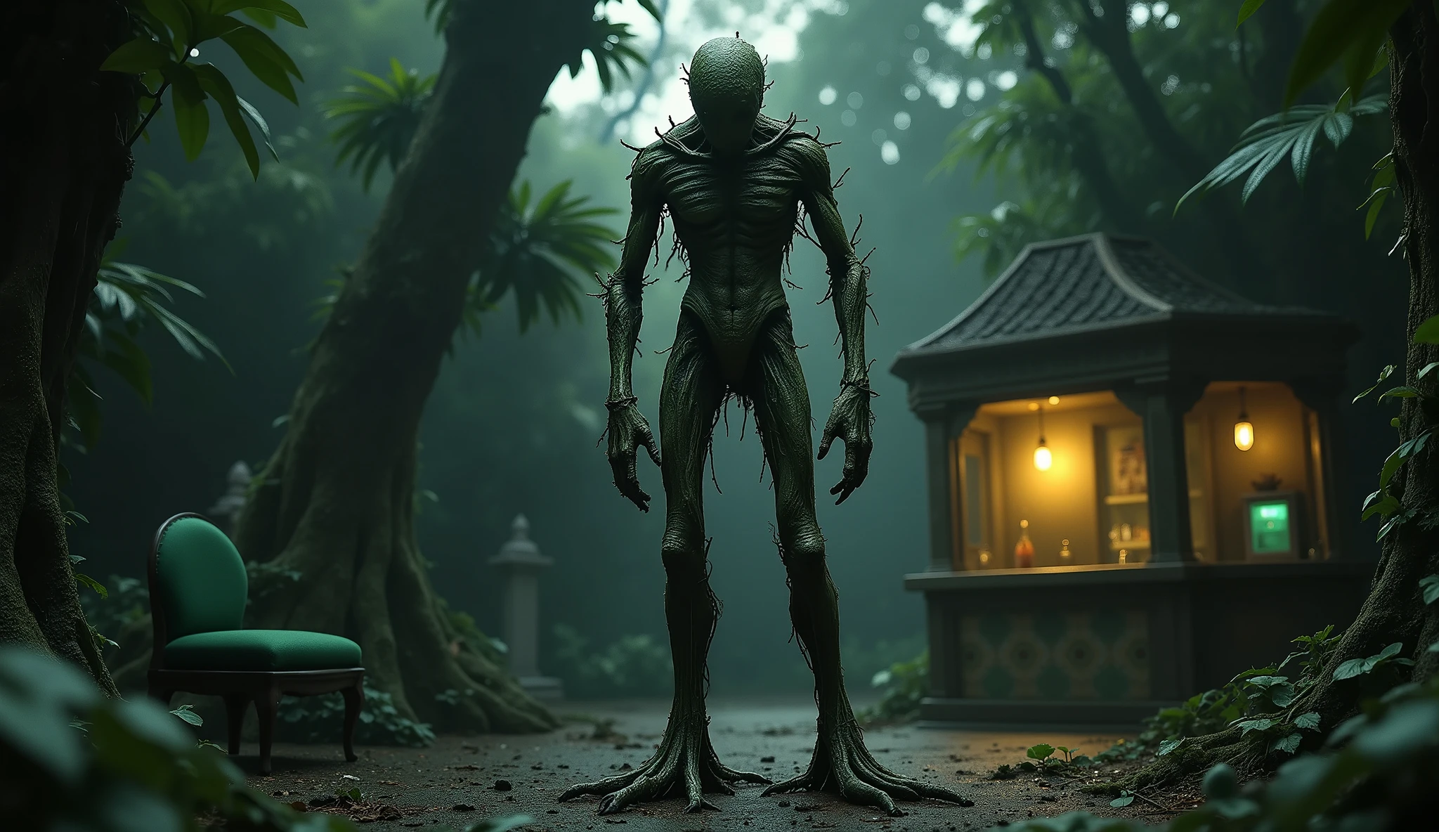 In a dimly lit, tropical graveyard near San Antonio, Brazil, a tree-like humanoid entity, SCP-7464, stands immobile with a rounded, cylindrical body mimicking a tree trunk, covered in hardened human calluses. Its elongated legs dig deep into the soil like roots. The scene is captured in a close-up, front view shot, with intricate, hyperdetailed textures and a neutral color palette. The lighting is soft, with a single warm, yellow light source placed to the left, casting gentle shadows and creating a noir-like atmosphere. The background features a bar counter with patterned tiles, a green cushioned chair, and a beverage visible, adding a surreal contrast to the forest setting. The image is shot on a Leica CL with a Leica Summilux-TL 35mm f-1.4 ASPH, with a faded color grading and subtle film grain, capturing the eerie, intricate details of the entity. unreal engine, masterpiece